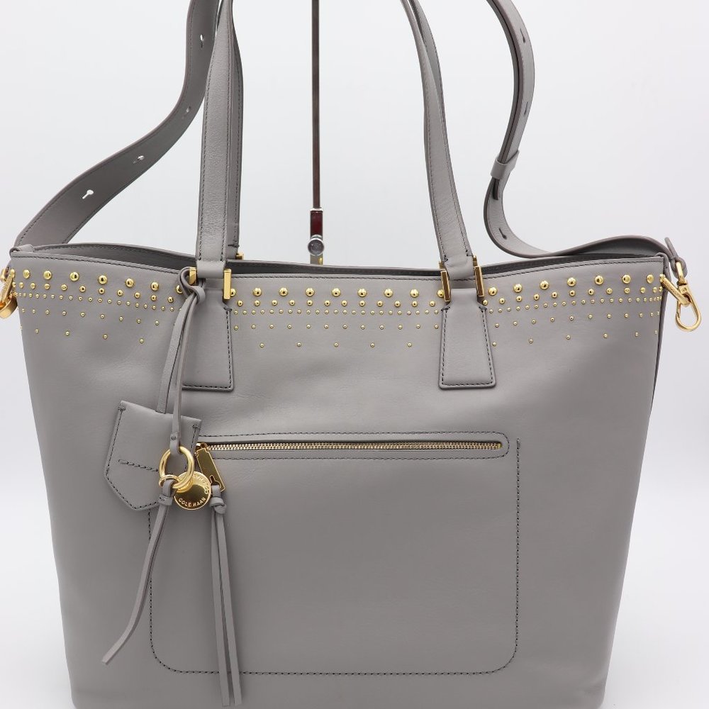 Cole Haan Marli Gold Studded Gray Leather Shoulder Bag Tote